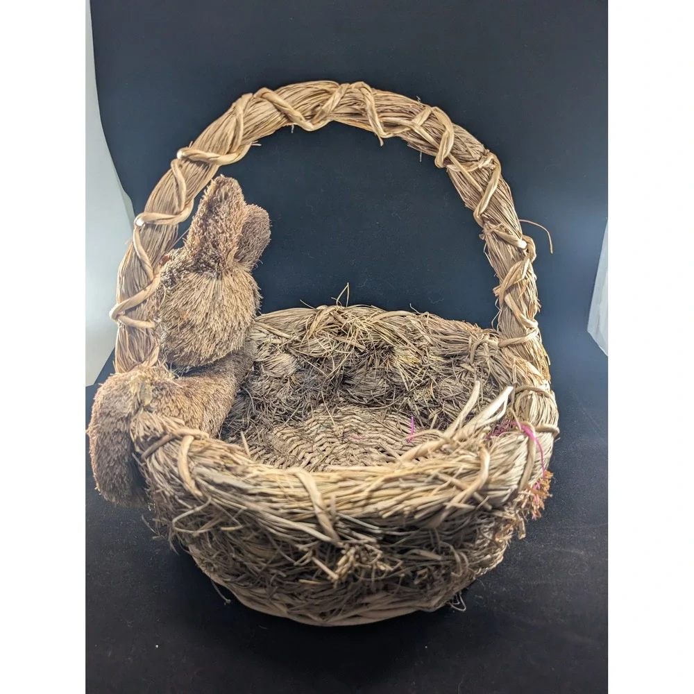 Natural Woven Straw Easter Basket with Sisal Bunny‎ Rabbit Rustic Holiday Decor
